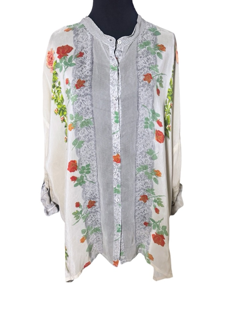 Johnny Was Cream Floral Button-Front Blouse with Coral & Green Accents
